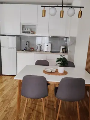 a kitchen with a white table and chairs at Slatinski mir in Vrnjačka Banja