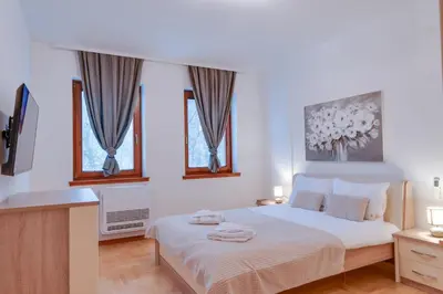 a white bedroom with a bed and two windows at Apartmani Central 2 & Free Parking in Vrnjačka Banja
