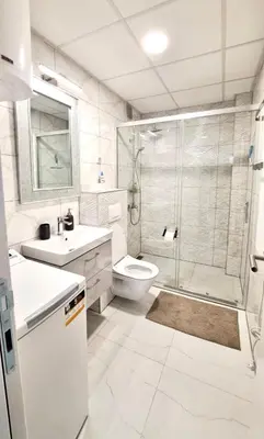 a bathroom with a shower and a toilet and a sink at Upendo Apartment in Vrnjačka Banja