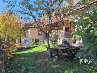 a wooden bench sitting in the grass in front of a house at Domaćinstvo Drenak - Bešnjaja in Kragujevac