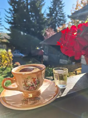 a cup of coffee on a plate next to a glass of water at Domaćinstvo Drenak - Bešnjaja in Kragujevac