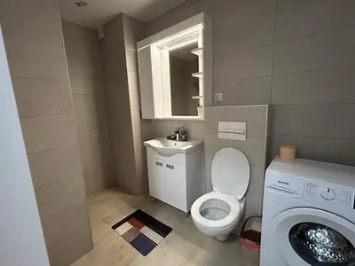 a bathroom with a toilet and a sink and a washing machine at Apartman Petruska Park in Paraćin