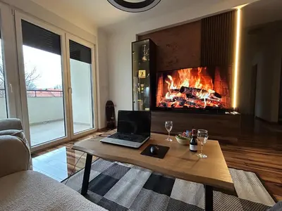 a living room with a fireplace and a laptop on a table at Apartman Petruska Park in Paraćin