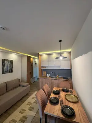 a kitchen and living room with a table and a couch at Residence Hill A42 in Kopaonik