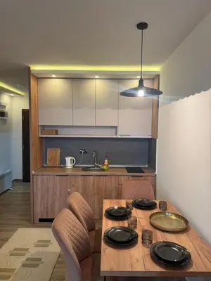 a kitchen with a wooden table with chairs and a sink at Residence Hill A42 in Kopaonik