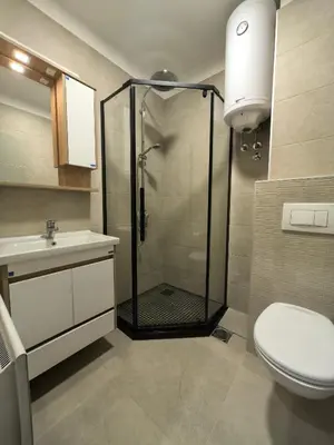 a bathroom with a shower and a toilet and a sink at Apartman Stagira - Bela Reka Gondola, Kopaonik in Brzeće