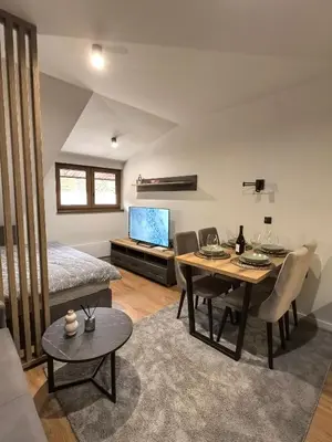 a living room with a table and a couch at Apartman Stagira - Bela Reka Gondola, Kopaonik in Brzeće