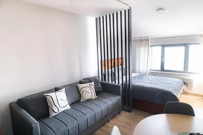 a living room with a couch and a bed at Hillview B117 in Kopaonik