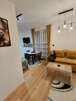 a living room with a couch and a table at DragonVB in Vrnjačka Banja