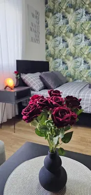 a vase with roses on a table in a living room at Luna Apartmani in Soko Banja