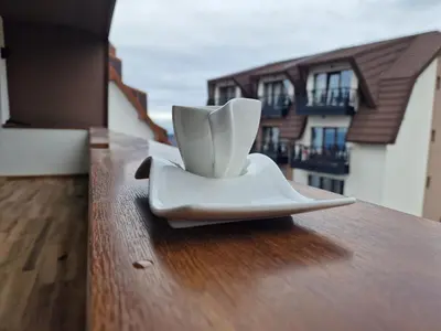 a white plate sitting on top of a table at Whisper apartments Kopaonik in Kopaonik
