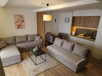 a living room with a couch and a table at Whisper apartments Kopaonik in Kopaonik