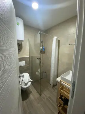 a bathroom with a shower and a toilet and a sink at Pahuljica - N25 Milmari in Raška