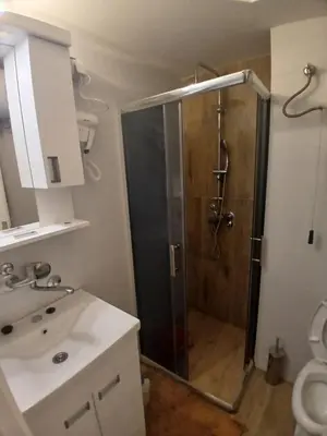 a bathroom with a shower and a sink at Bela reka Gondola Studio in Brzeće