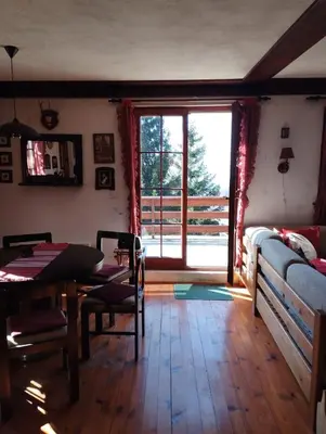 a living room with a bed and a table and a window at Mountain home Borut in Kopaonik