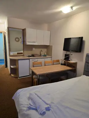 a room with a kitchen and a table and a bed at Centar slope apartman in Kopaonik
