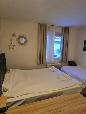 a bedroom with two beds and a window at Centar slope apartman in Kopaonik