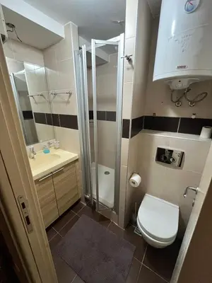a bathroom with a shower and a toilet and a sink at Centar slope apartman in Kopaonik