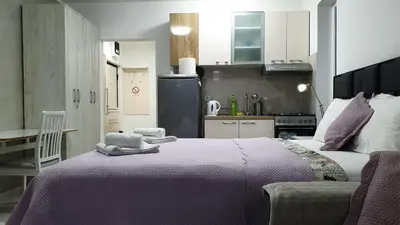 a bedroom with a large bed and a kitchen at Apartman studio BMB 1 in Bukorovac