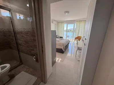 a bedroom with a bed and a bathroom with a shower at Apartman studio BMB 1 in Bukorovac