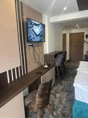 a hotel room with a desk and a bed at Apartman u hotelu Harmonija Palace Kopaonik in Kopaonik