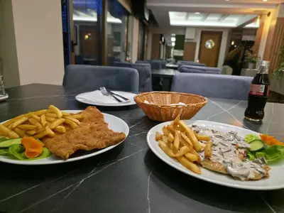 a table with two plates of food and french fries at Pilot peak in Kopaonik