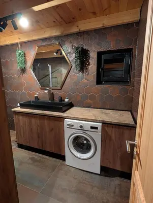 a bathroom with a washing machine and a sink at Kaizen Cabin in Kursumlijska Banja