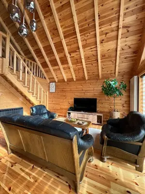 a living room with a couch and a table at Kaizen Cabin in Kursumlijska Banja