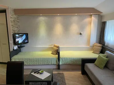a room with two beds and a couch and a tv at Apartment Brvenik Plus in Kopaonik
