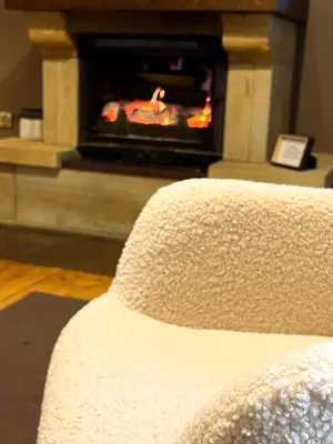 a couch in a living room with a fireplace at Holiday Home Aleksandar Brzece Kopaonik in Brzeće