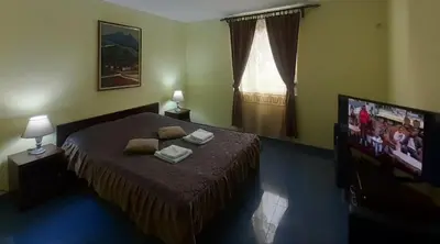 a bedroom with a bed and a flat screen tv at Smeštaj Franica in Kuršumlija