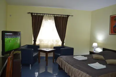 a hotel room with a television and a bed and a table at Smeštaj Franica in Kuršumlija