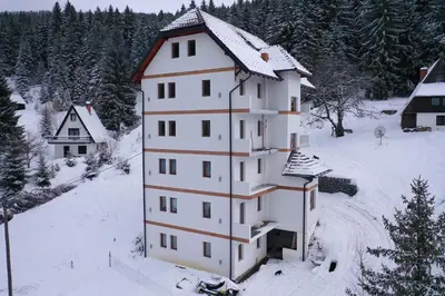 a building covered in snow with trees in the background at Apartment Petrović in Kopaonik