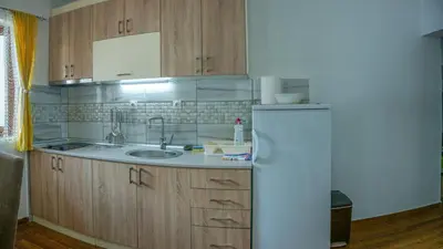 a kitchen with a sink and a refrigerator at Apartment Petrović in Kopaonik