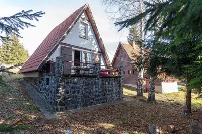 a house with a gambrel roof and a stone wall at Holiday Cottage Pedja in Kopaonik