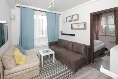 a living room with a couch and a table at Apartment Planinska Carolija in Kopaonik
