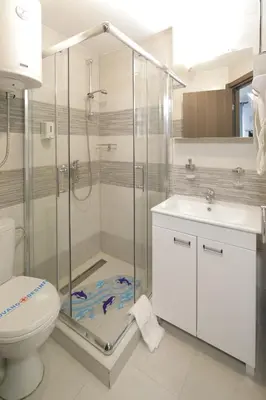 a bathroom with a shower and a toilet and a sink at Apartment Planinska Carolija in Kopaonik