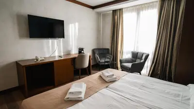 a hotel room with a bed and a desk and a television at Hotel Vila San in Kopaonik