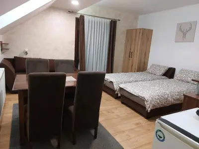 a living room with a table and a bed at Apartments Vila Djurdja in Kopaonik