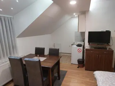 a dining room with a table and a tv at Apartments Vila Djurdja in Kopaonik
