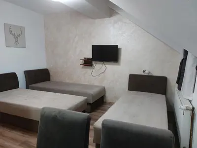 a room with two beds and a flat screen tv at Apartments Vila Djurdja in Kopaonik