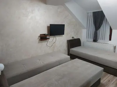 a living room with two beds and a flat screen tv at Apartments Vila Djurdja in Kopaonik