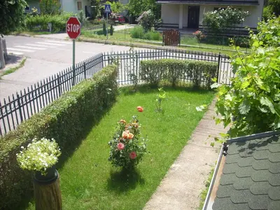 a yard with a stop sign and some flowers at Guest House Nada in Soko Banja