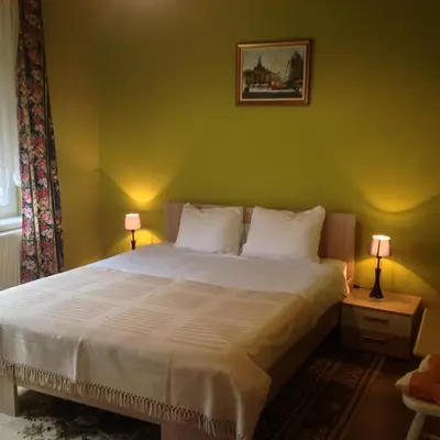a bedroom with a bed with green walls and two lamps at Apartments Villa Svetlana in Vrnjačka Banja