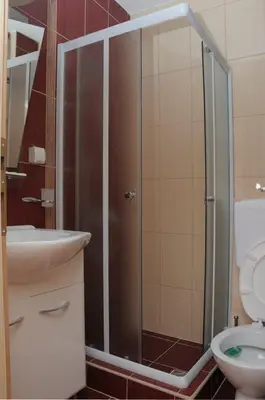 a bathroom with a shower with a sink and a toilet at Apartments Kaskade in Soko Banja