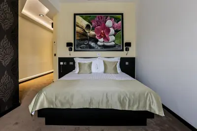 a bedroom with a bed and a painting on the wall at Garni Hotel Zen free parking in Niš