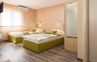 a bedroom with two beds and a television in it at Bed & Breakfast Park Gate in Vranje