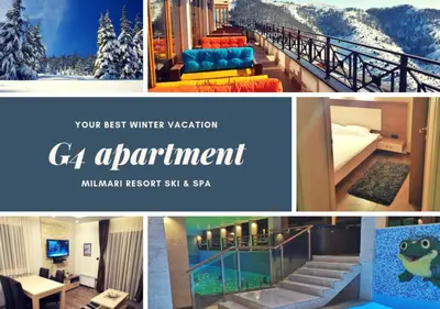 a collage of photos of a hotel room with a ski resort at G4 Apartment Milmari in Kopaonik