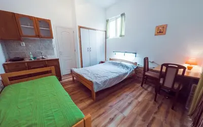 a bedroom with a bed and a desk and a table at Filip Apartments in Soko Banja