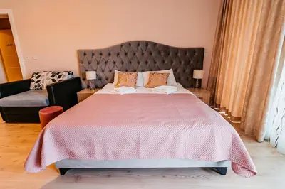 a bedroom with a large bed and a couch at Lotos Depandans in Niš